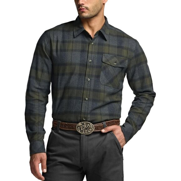 Mens Grey Cotton Flannel Shirt Long Sleeve Brushed Soft Casual Outdoor Plaid - Picture 2 of 9